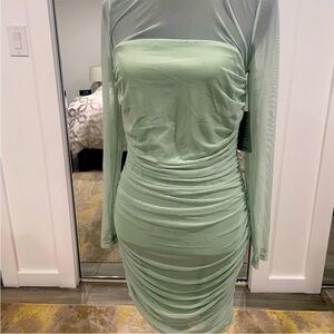 Nordstrom Sage Long Sleeve Mesh Midi Dress- New!
